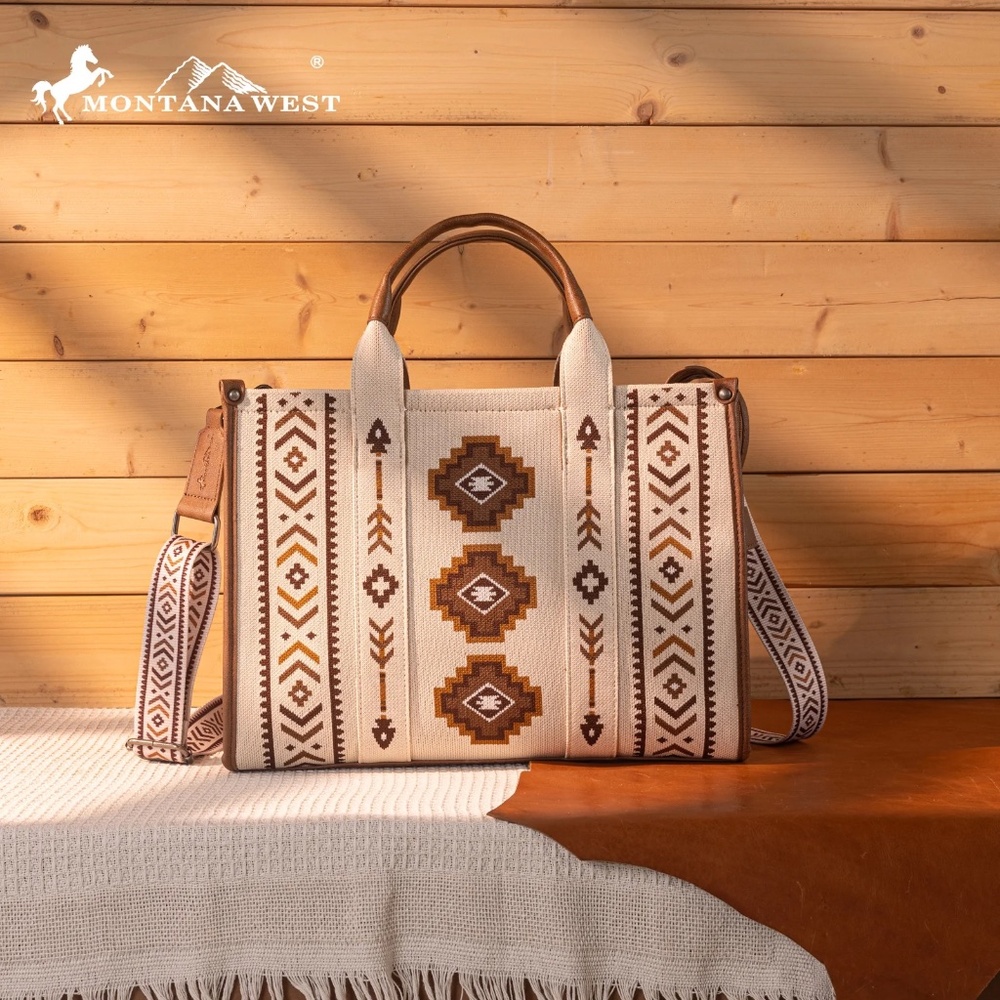 Montana West Aztec Retro Arrows Dual Sided Print Large Tote/Crossbody- Beige